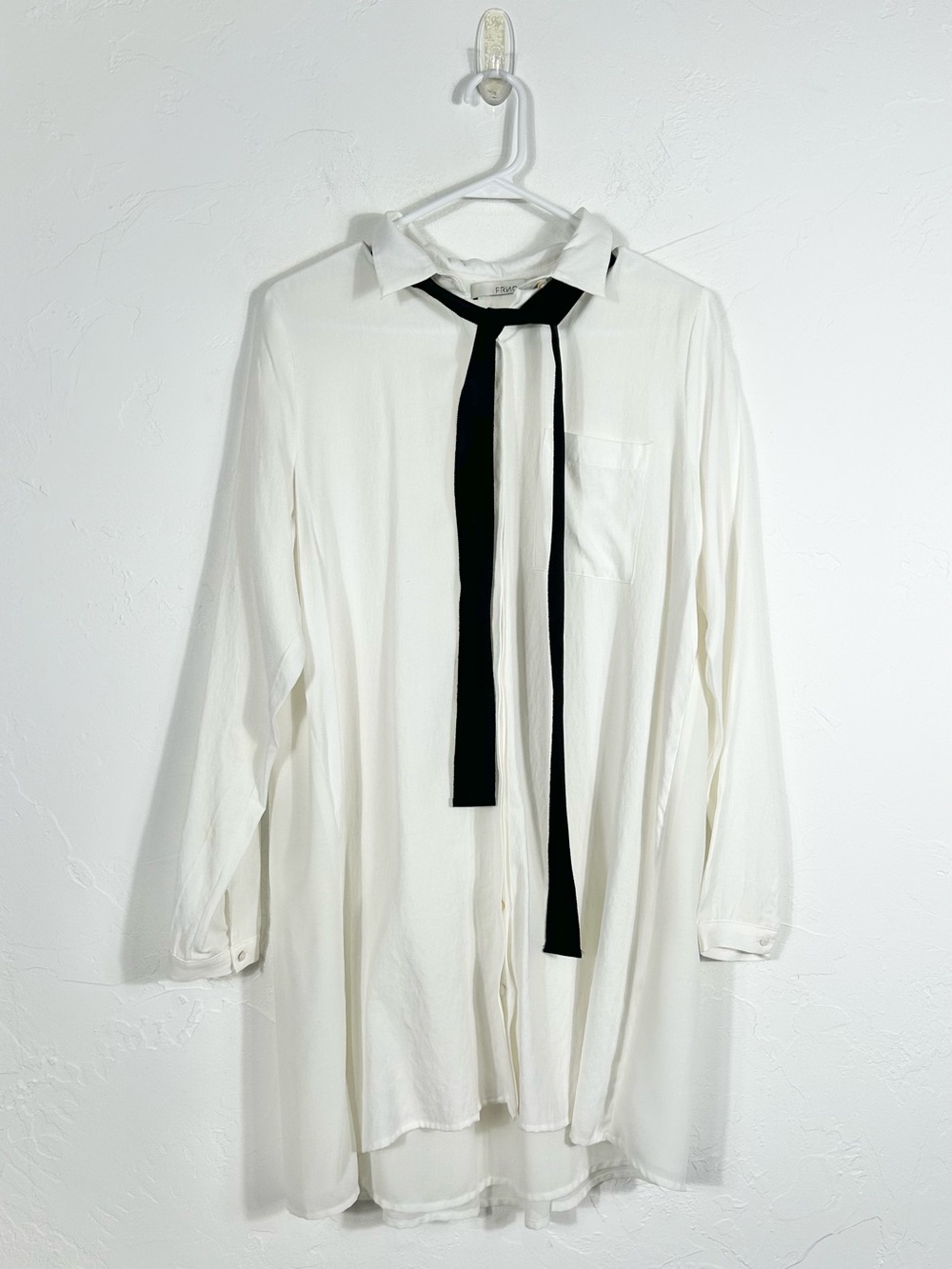 FRNCH Paris Women's White Button Up Tunic Shirt Dress Removable Tie Medium